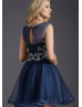 Navy Blue Tulle Beaded Slit Back Knee Length Prom Dress